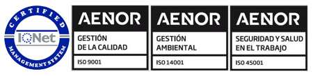 Sellos de calidad: IQNet certified management system; AENOR gestión de la calidad ISO 9001; AENOR gestión ambiental ISO 14001; AENOR seguridad y salud en el trabajo ISO 45001.